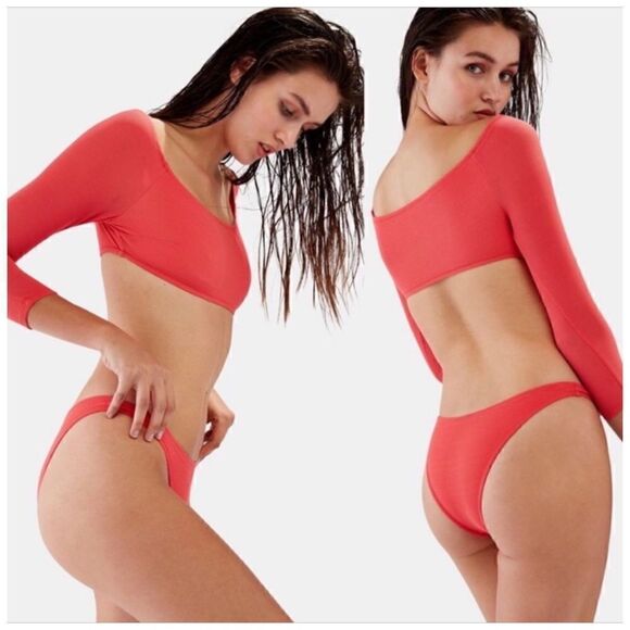 Solid & Striped Elise Coral Long Sleeve Crop Swim Top Sz L - Picture 3 of 7